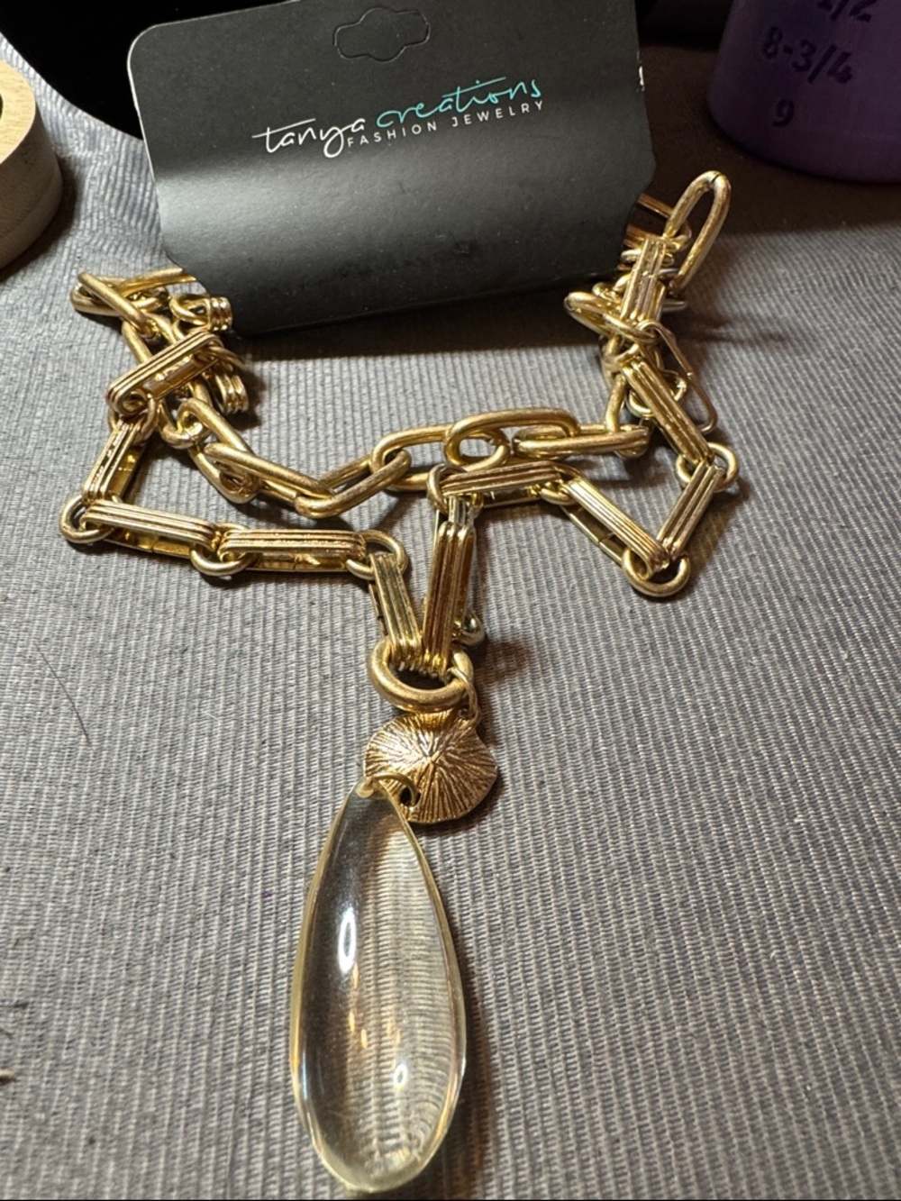 Gold-Tone Link Necklace with Textured Medallion and Clear Teardrop Pendant - Picture 2 of 2